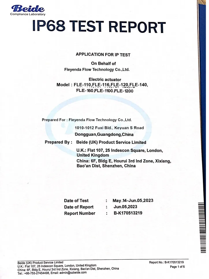 Fleyenda IP68 Waterproof Electric Actuator Certification