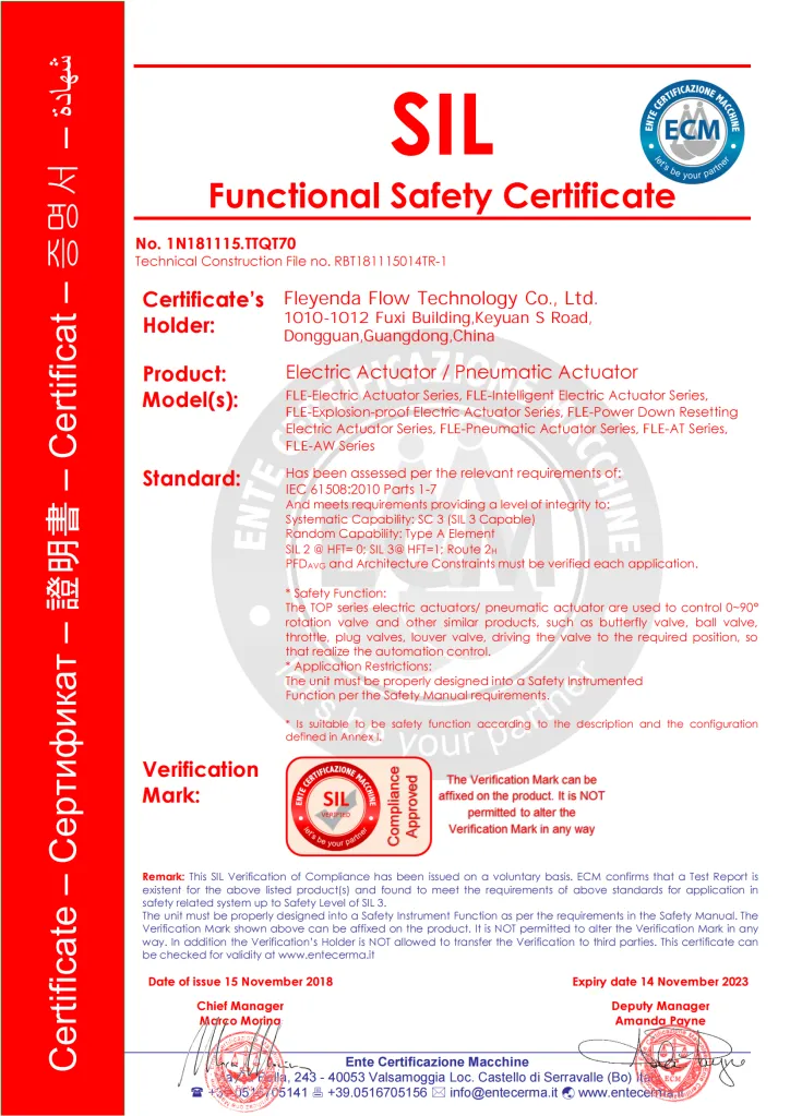 Fleyenda Industrial Valve SIL Certification