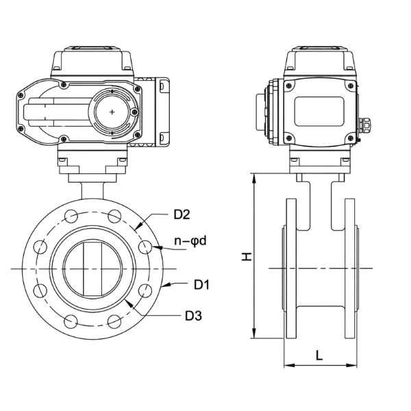 Technical drawing of electric flanged butterfly valve