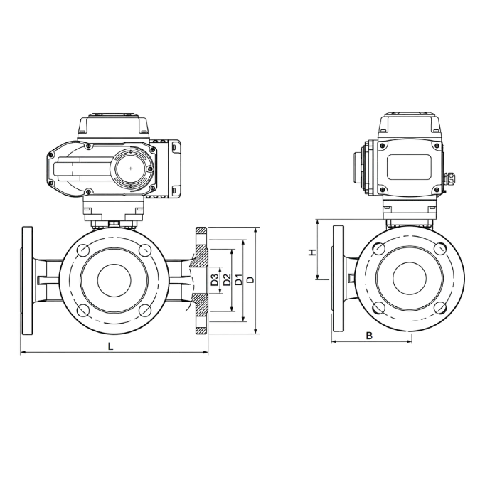 Side dimensional view of an electric flanged three way ball valve