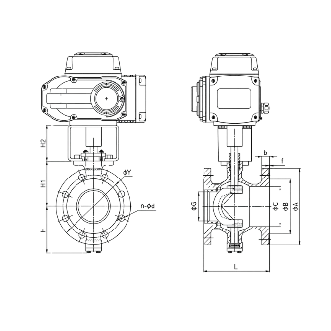 Electric actuator V port ball valve outline drawing
