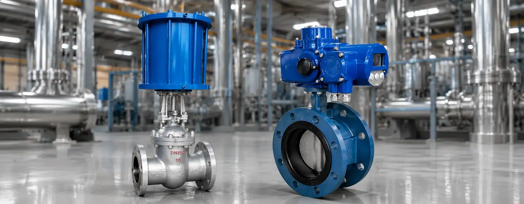 Electric and pneumatic actuator valves used for automated flow control