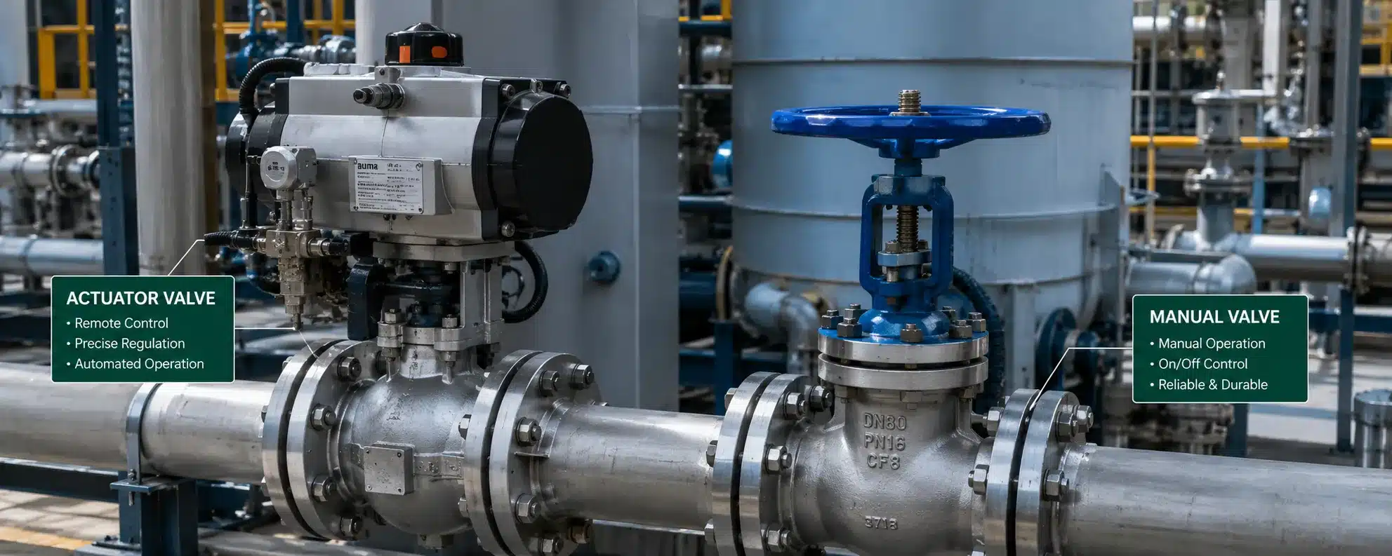 Actuator valve and manual valve used in an industrial piping system