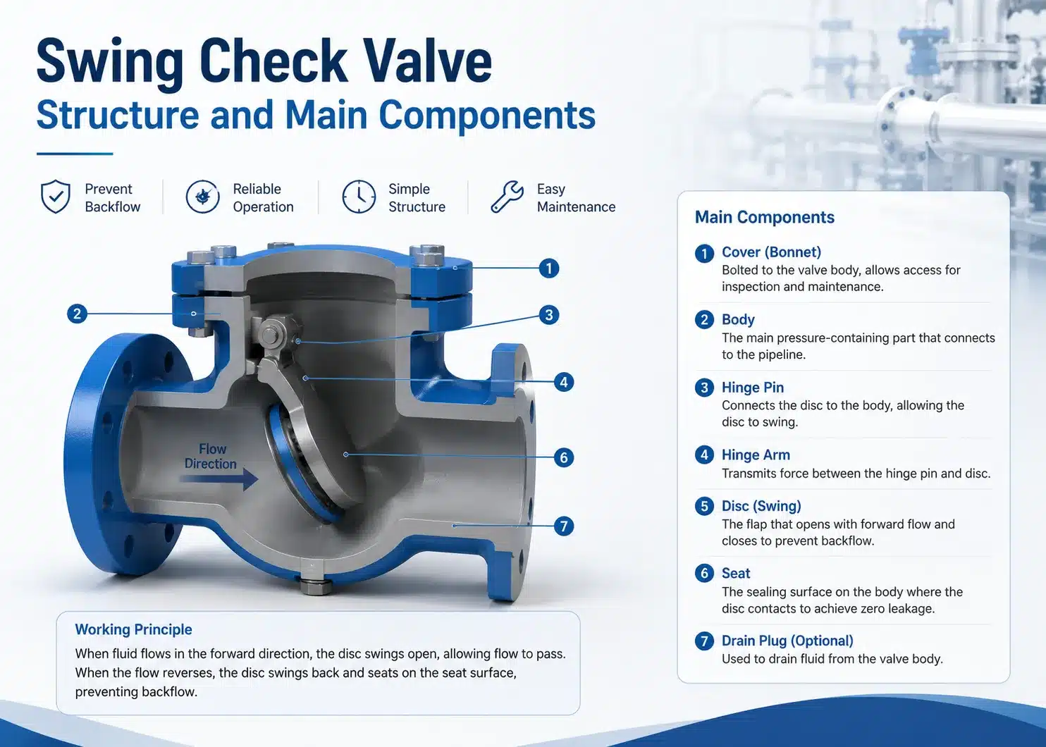 Swing check valve structure and main components