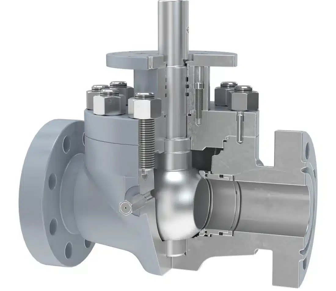 Top entry ball valve cutaway showing the removable top cover, stem, ball, seats and trunnion support