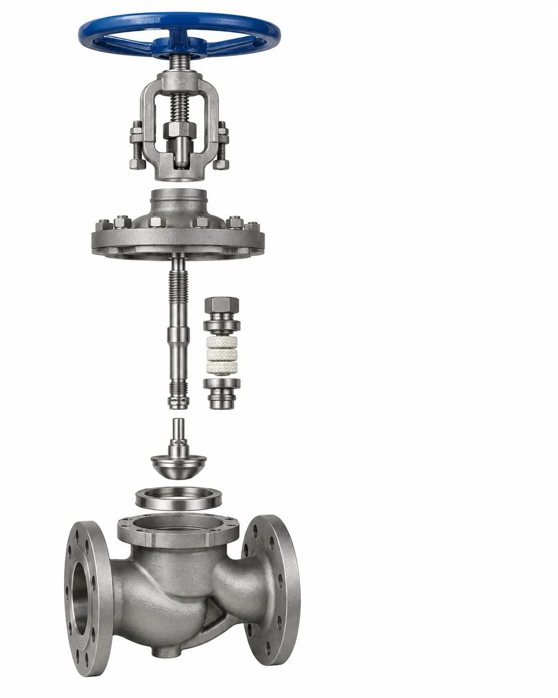 High-resolution exploded view of a globe valve with handwheel, bonnet, stem, disc, seat and valve body