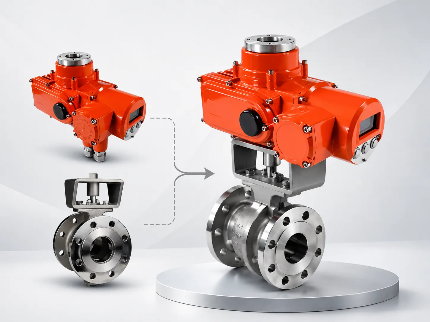 Electric 3-way flanged motorized ball valve technical drawing