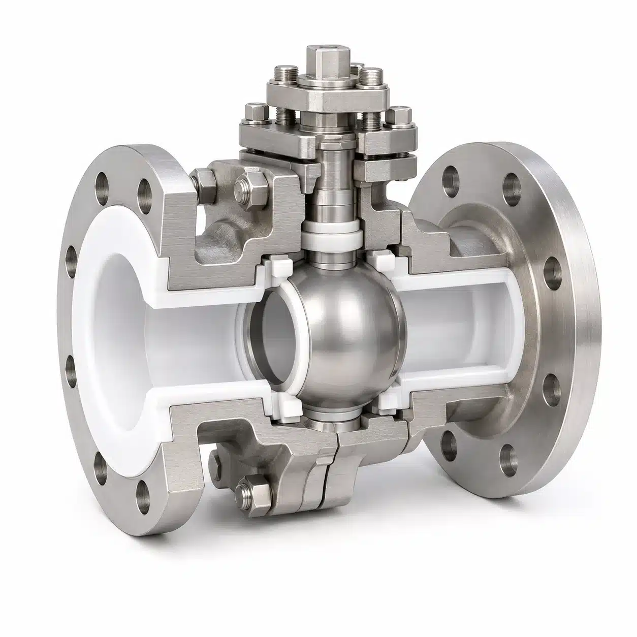 Cutaway view of a Fleyenda PTFE-lined flanged ball valve showing the metal pressure body, PTFE lining, ball and seat structure