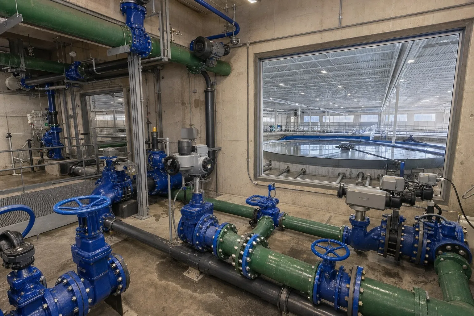 Modern industrial water treatment piping with visible valves and instrumentation