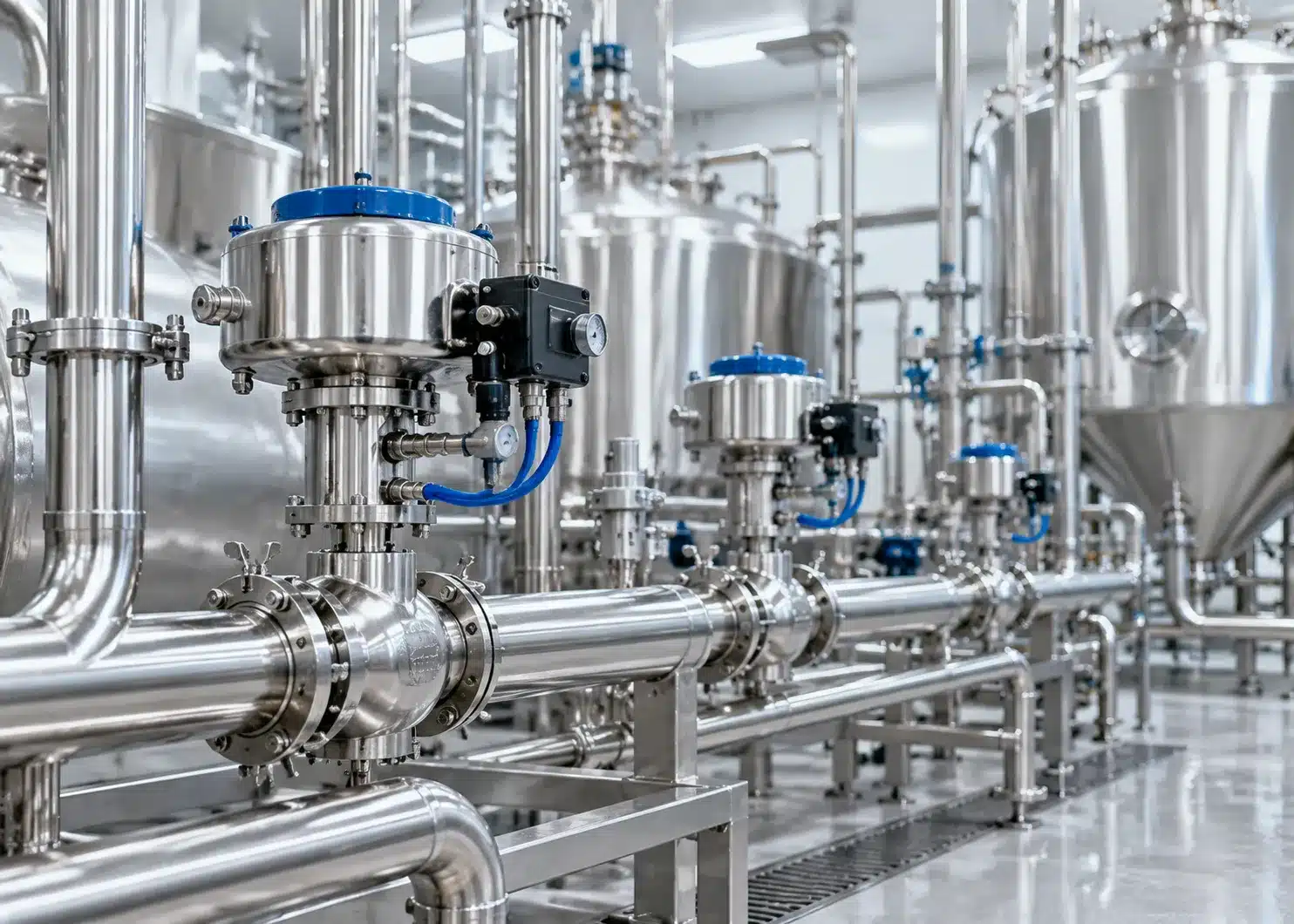 Food and beverage production equipment with sanitary process piping